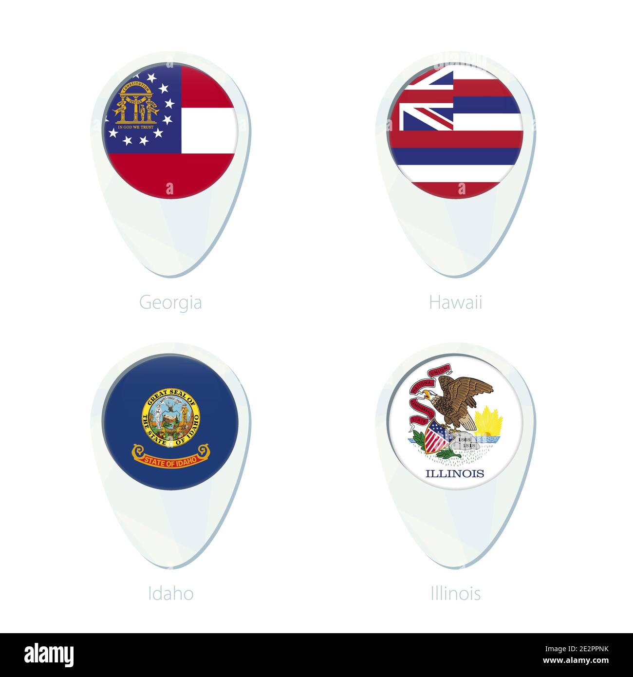 Georgia, Hawaii, Idaho, Illinois flag location map pin icon. Georgia State Flag, Hawaii State Flag, Idaho State Flag, Illinois State Flag. Vector Illu Stock Vector
