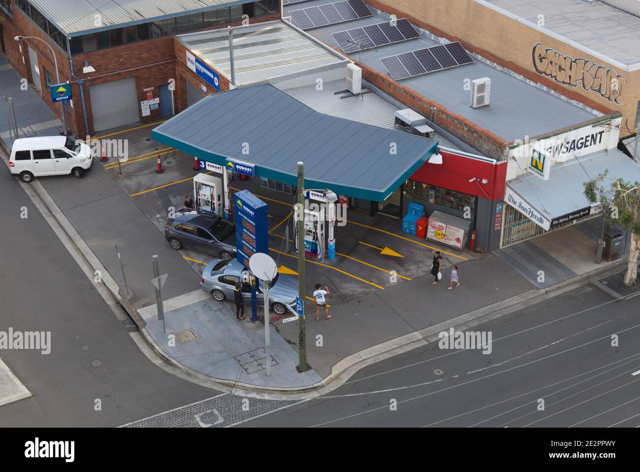 Aerial of corner site independent fuel service station Brighton le Sands Sydney Australia Stock Photo