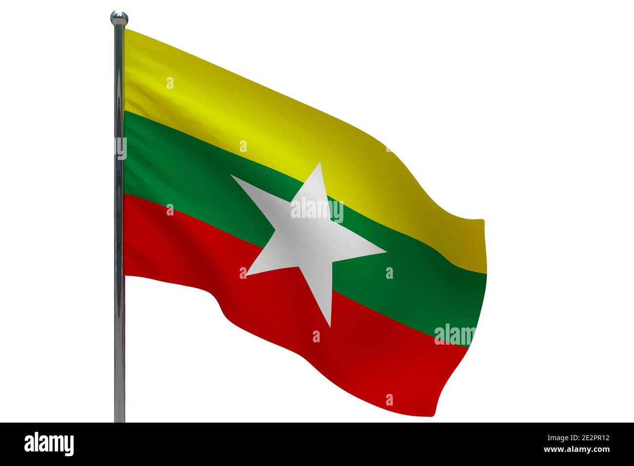Myanmar flag on pole. Metal flagpole. National flag of Myanmar 3D ...