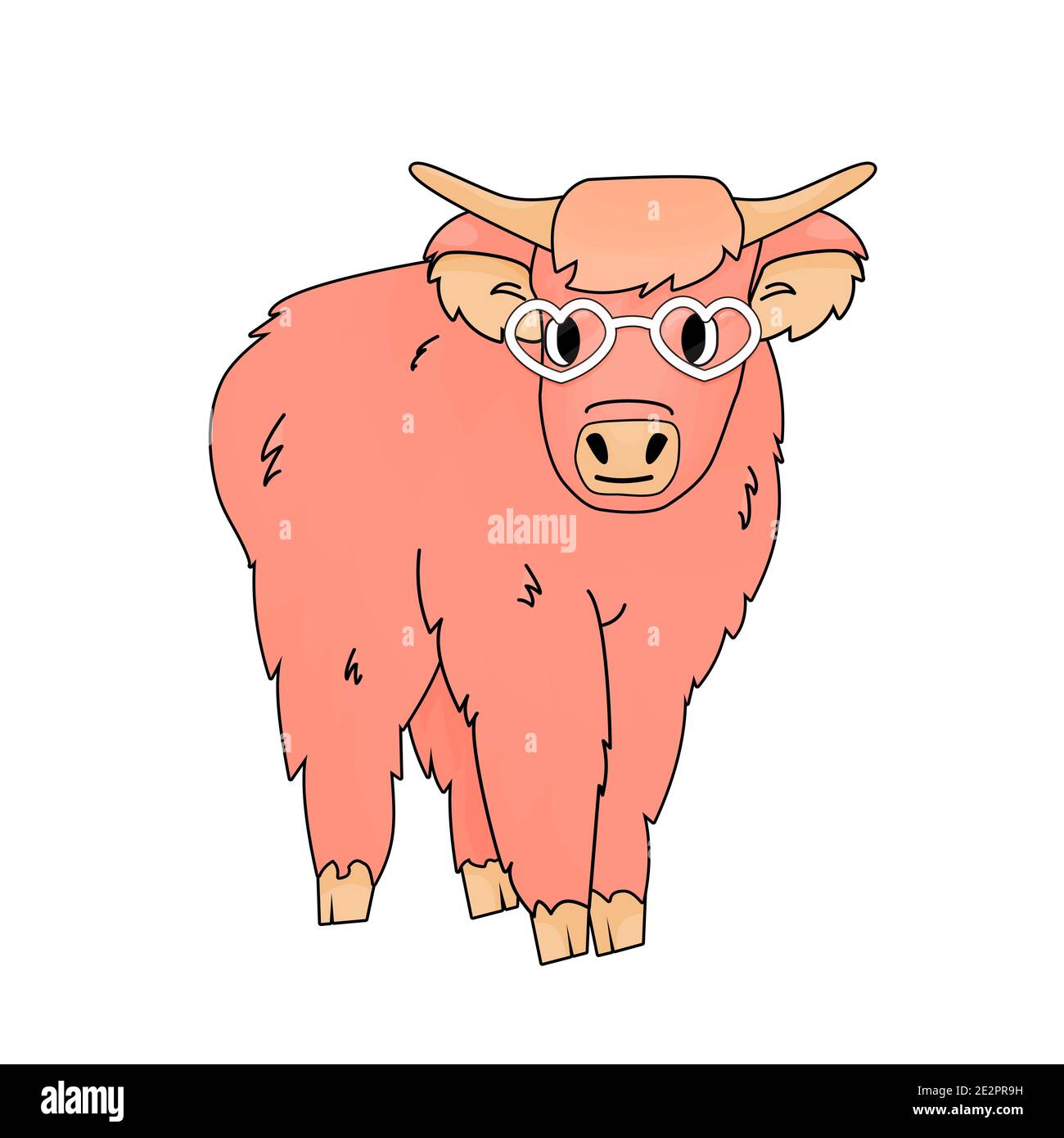Pink cute happy highland cow stands and looks. White heart glasses for Valentines Day Party are on his face. Isolated animal is on white background Stock Vector