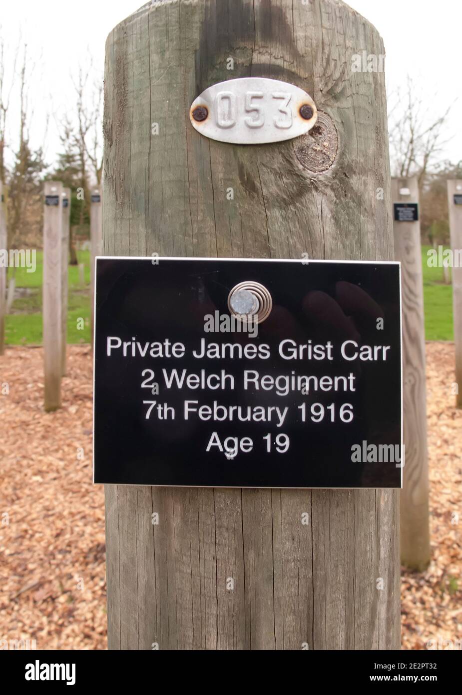 Plaque at the National Memorial Arboretum Alrewas Staffordshire UK commemorating Private James Grist Carr who was executed for desertion during the WW Stock Photo