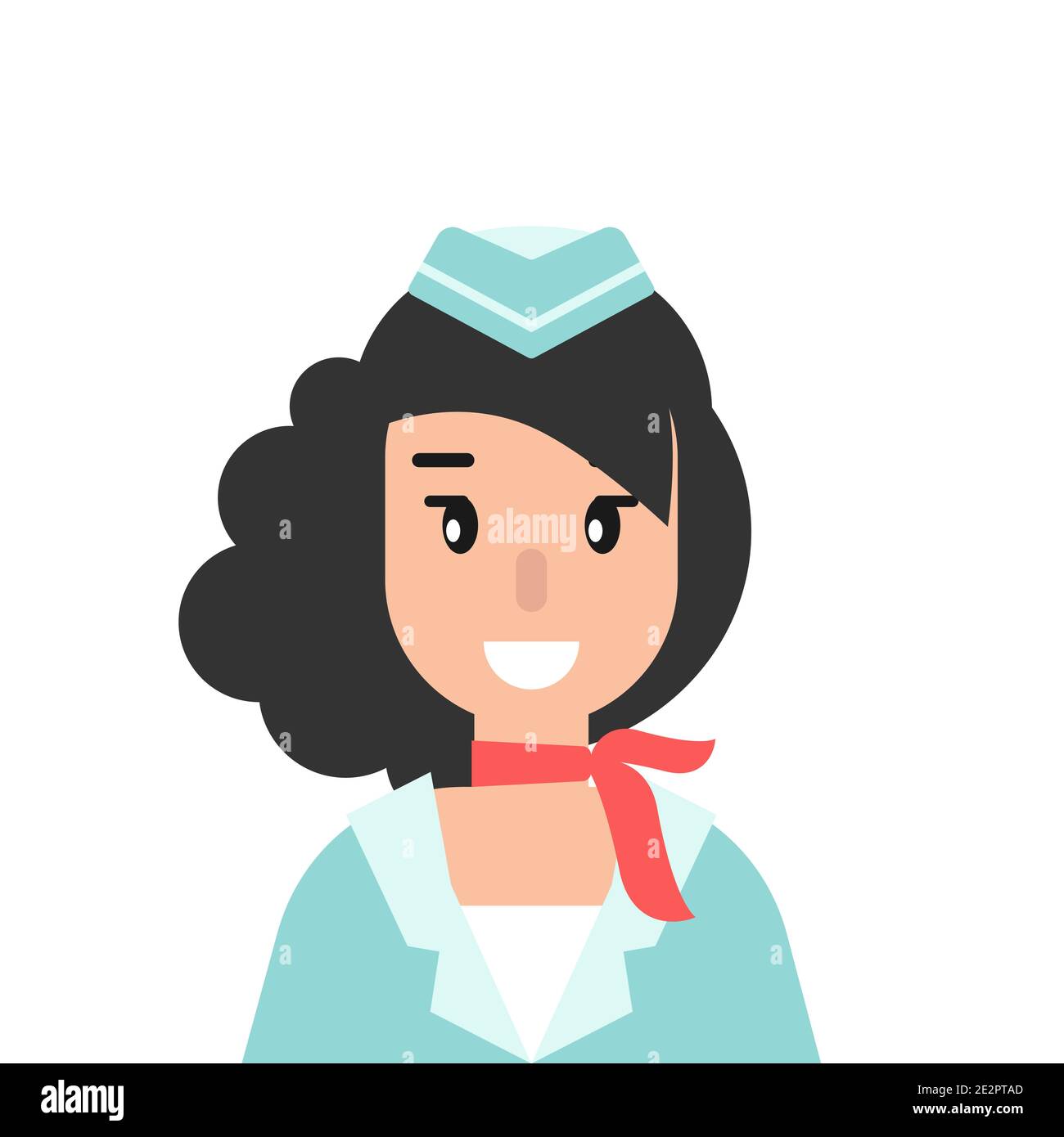 Happy female stewardess or flight attendant with red neckerchief. flat vector cartoon illustration isolated on white. Woman in aviation. Air hostess i Stock Vector