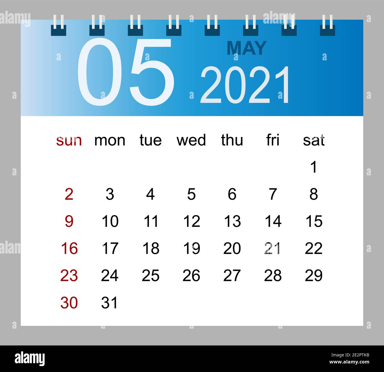 Simple desk calendar for May 2021. Week starts Sunday. Isolated vector