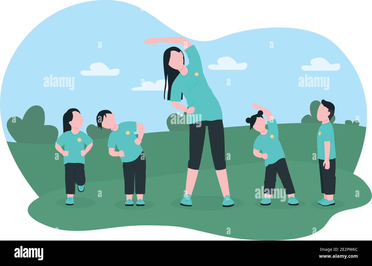 Children exercise with preschool teacher 2D vector web banner, poster ...