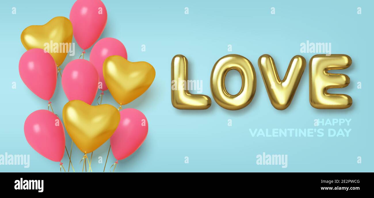 Valentines day background with realistic balloons pink and gold in ...