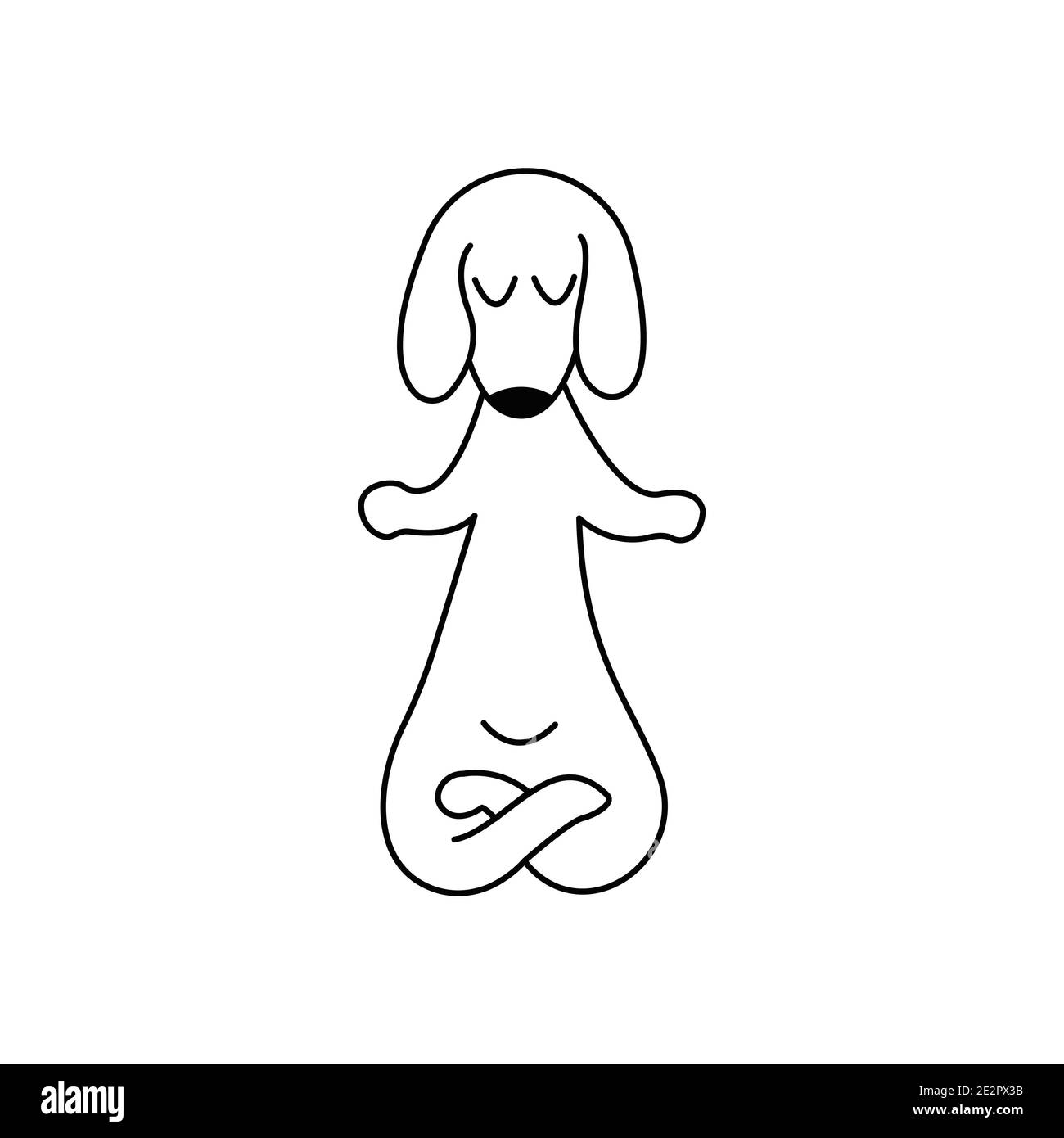 Dachshund practices yoga and meditates in lotus position. Yoga dog, relaxation and sports. Vector isolated doodle illustration. Hand drawn animal blac Stock Vector