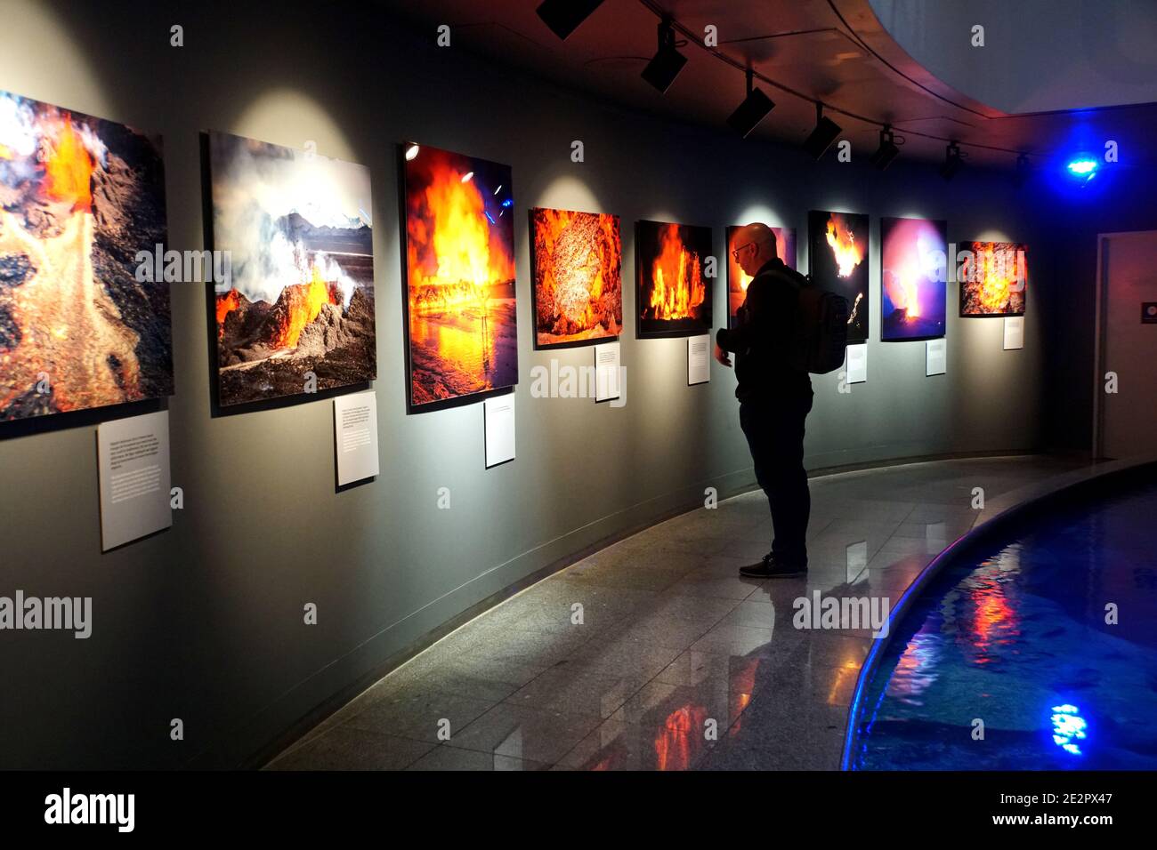 Reykjavik, Iceland - June 21, 2019 - The photo collection of volcanic eruption inside Perlan, the famous planetarium and exhibition center Stock Photo