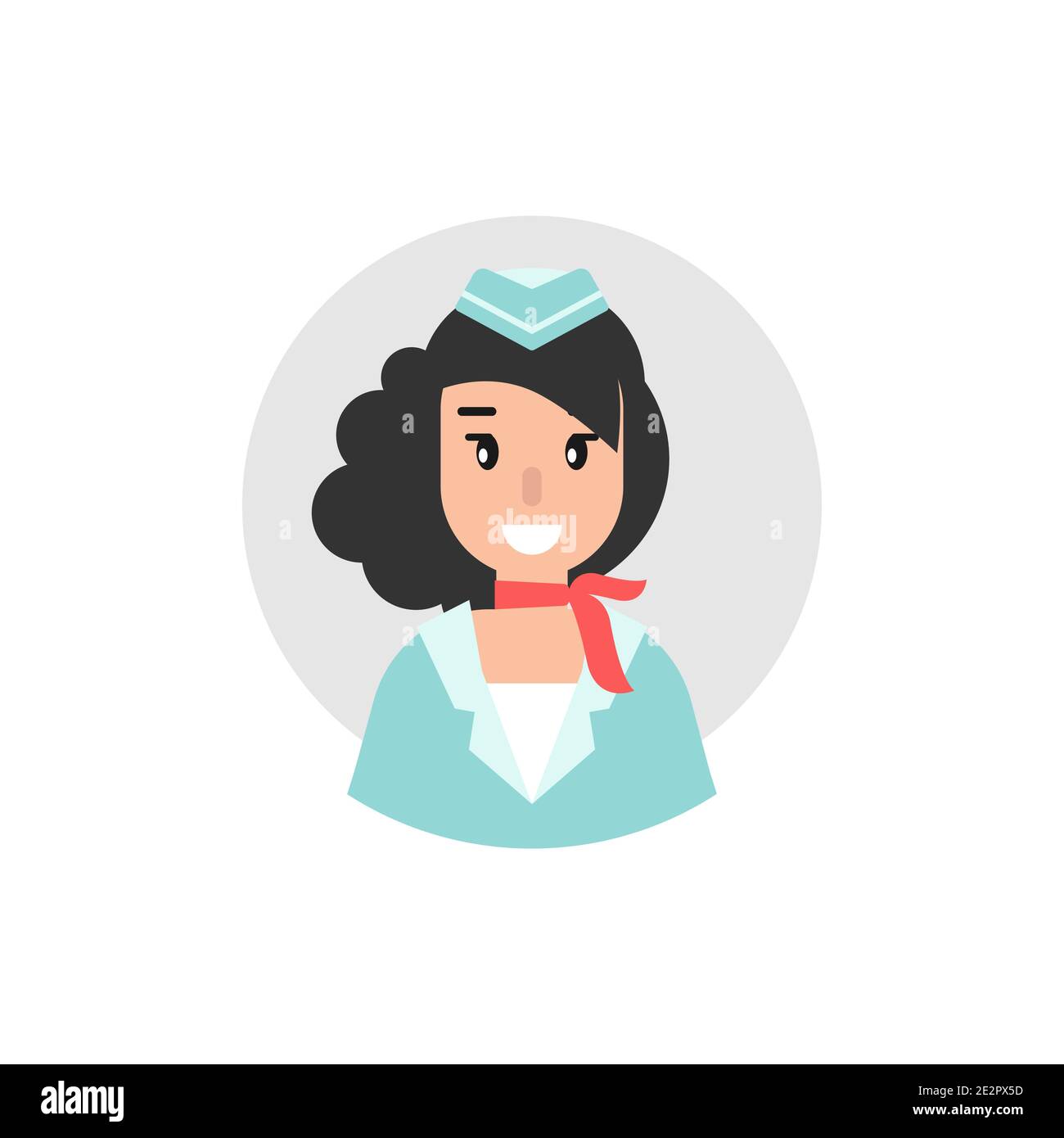 Happy female stewardess or flight attendant with red neckerchief on grey circle. flat vector cartoon illustration isolated on white. Woman in aviation Stock Vector
