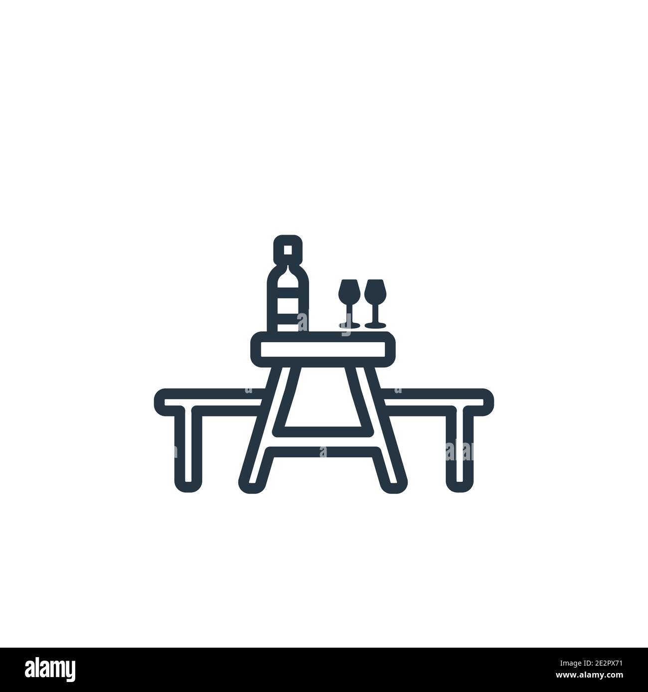 Picnic table outline vector icon. Thin line black picnic table icon, flat vector simple element illustration from editable drinks concept isolated str Stock Vector