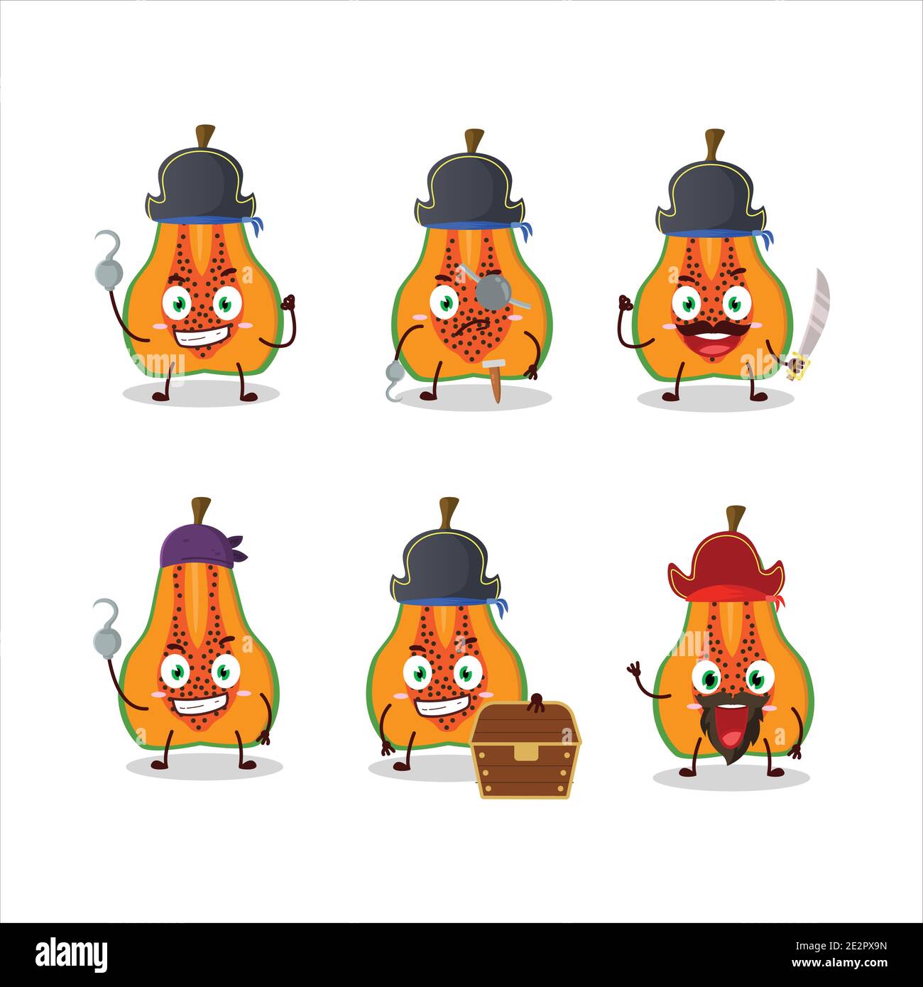 Cartoon character of slice of papaya with various pirates emoticons