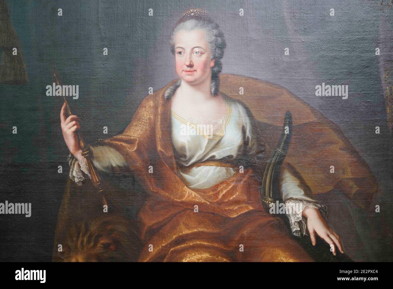 Mannheim, Germany. 13th Jan, 2021. A painting by Heinrich Carl Brandt from 1769 showing a portrait of Electress Elisabeth Auguste hangs in an exhibition room of the Reiss-Engelhorn Museums. (to dpa: 'Paintings of electoral couple reunited after decades') Credit: Uwe Anspach/dpa/Alamy Live News Stock Photo