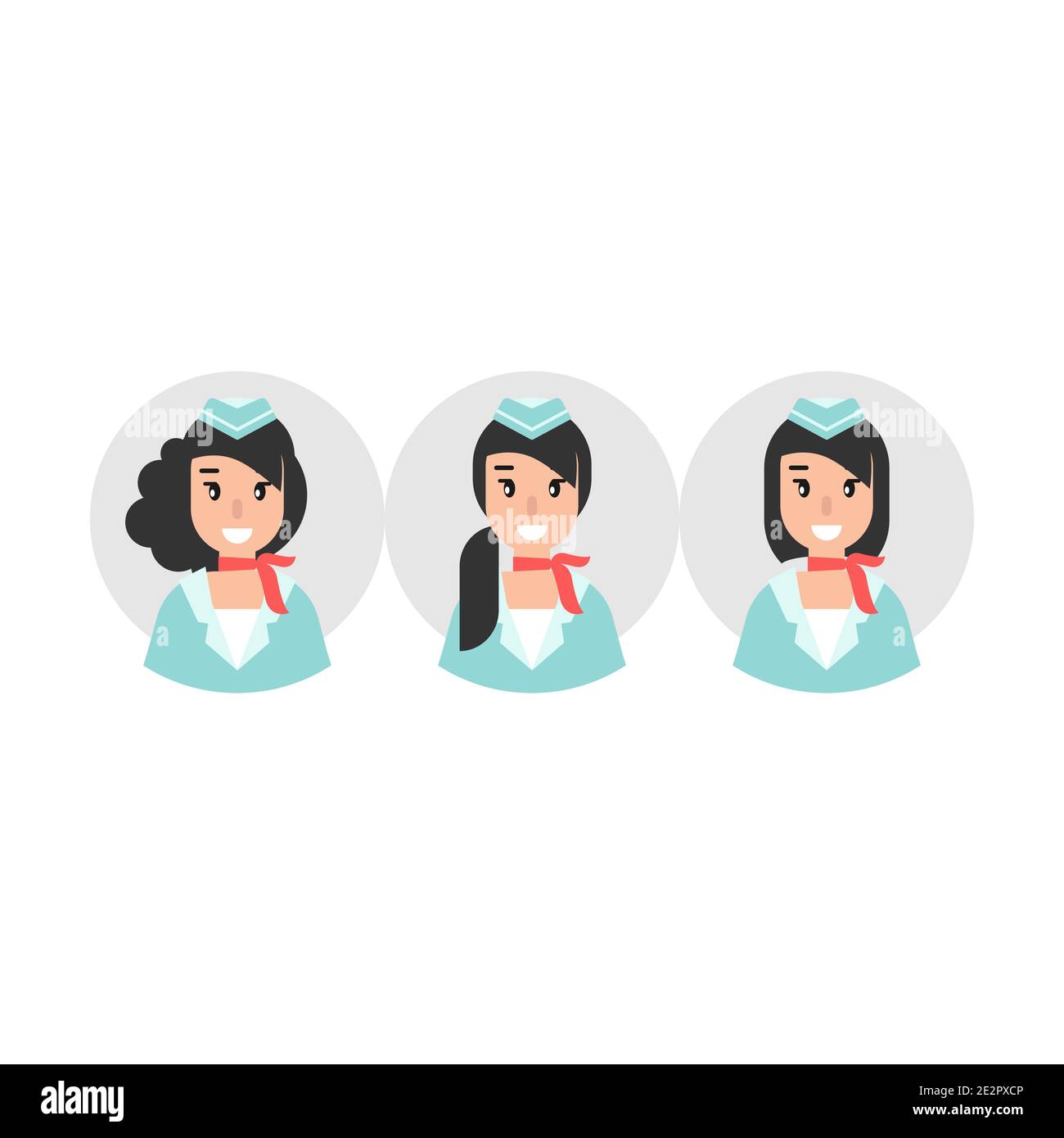 Happy female stewardess or flight attendant with red neckerchief on grey circle. flat vector cartoon illustration isolated on white. Woman in aviation Stock Vector