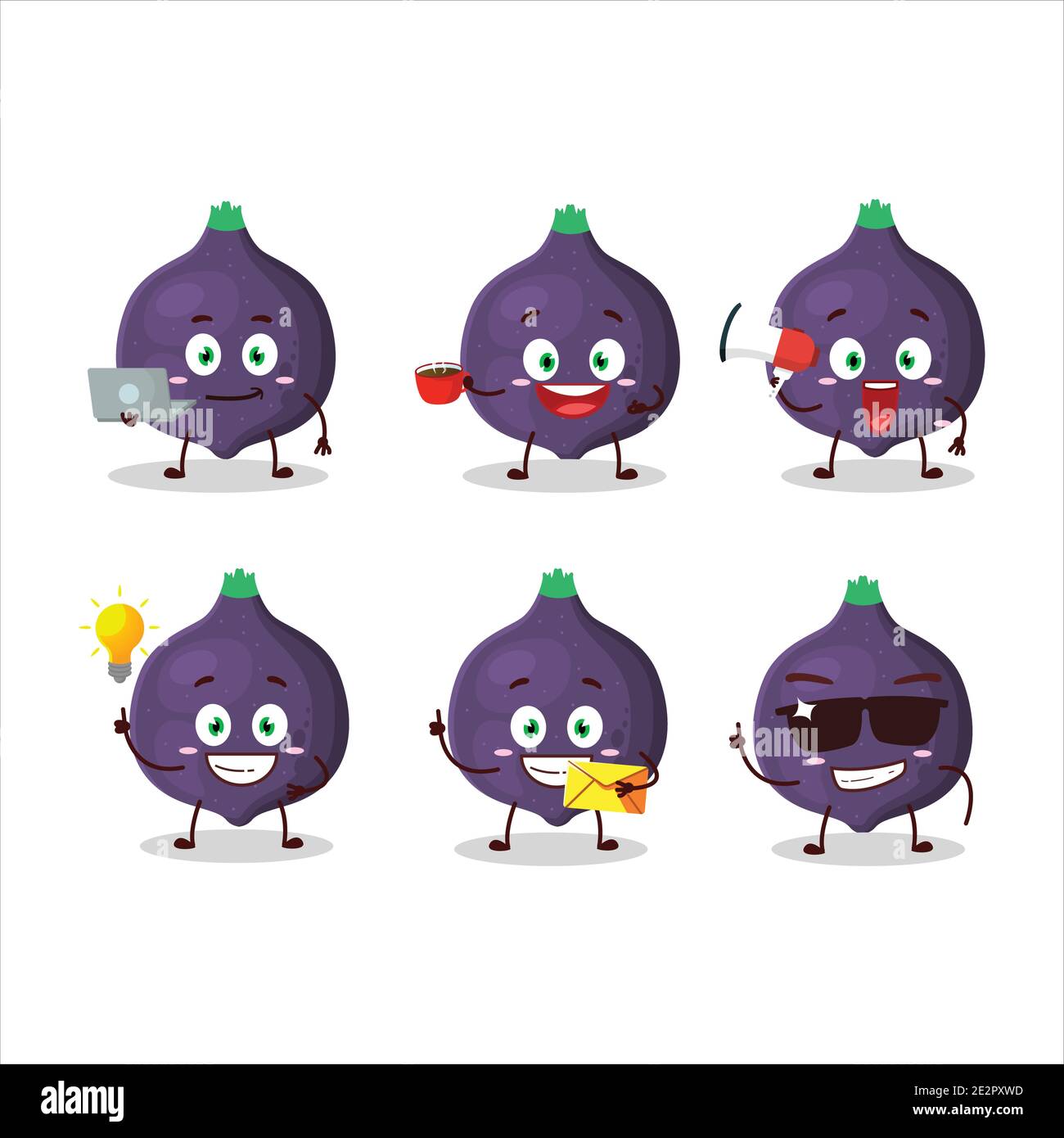 Fig cartoon character with various types of business emoticons. Vector ...