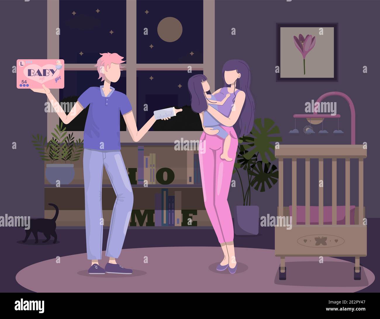 Parents put the child to bed. Flat vector illustration. Baby, mom and ...