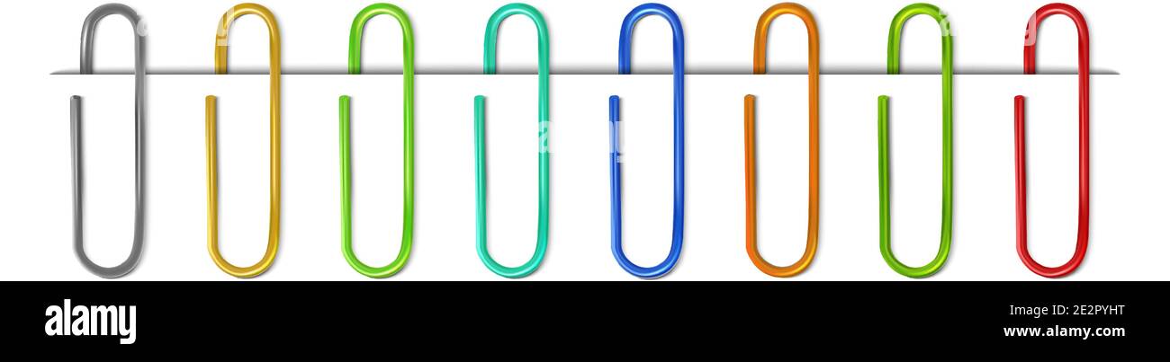 realistic colorful collection of paperclips with paper. Stock Vector