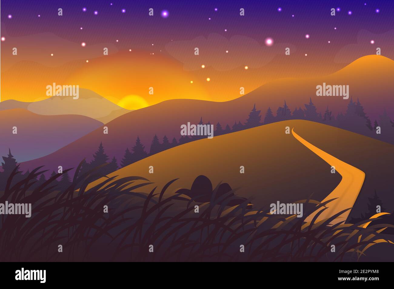 Night landscape. Mountains, sun, sky, clouds, road. Doodle style. Vector illustration Stock Vector