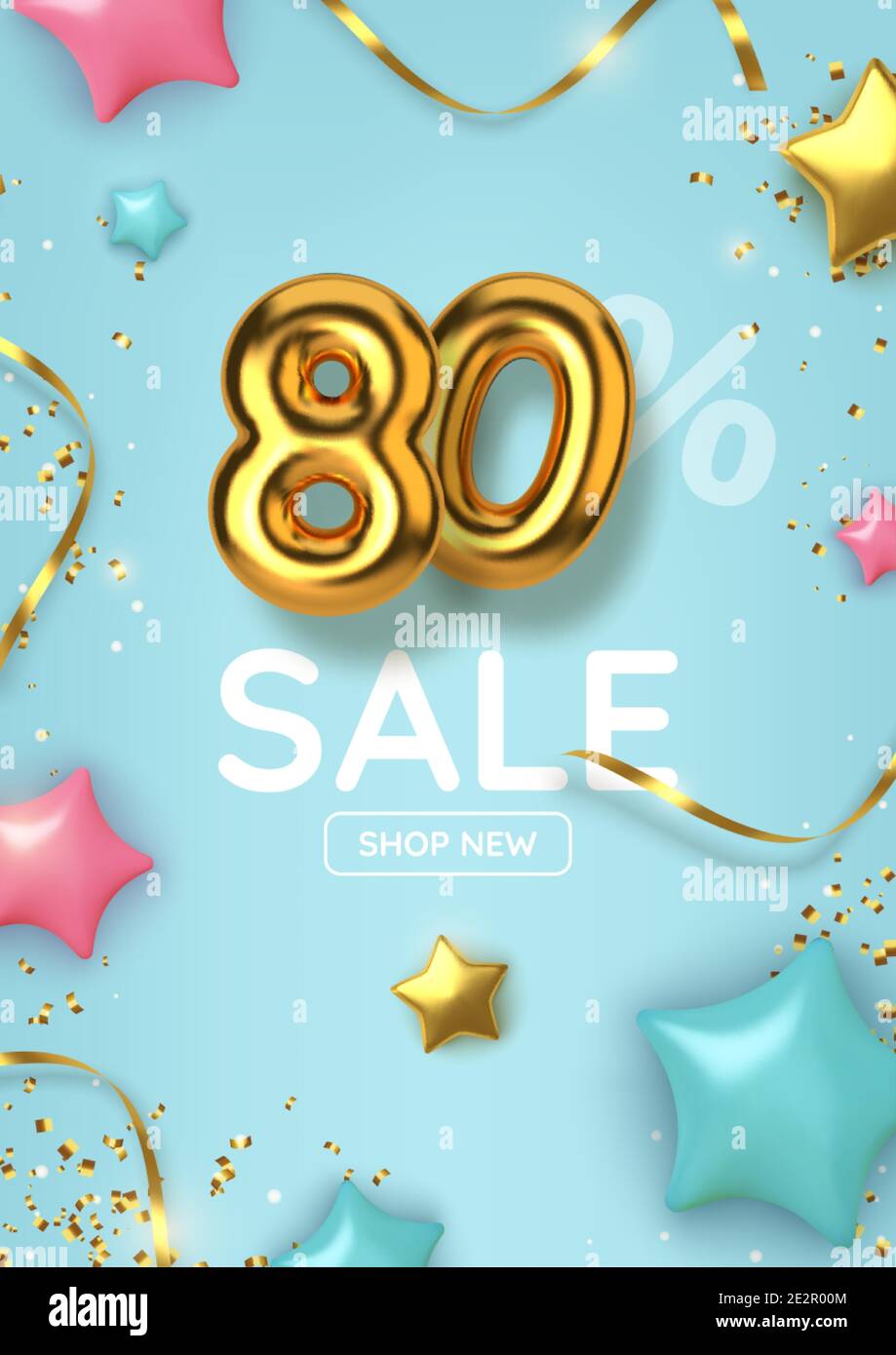 80 off discount promotion sale made of realistic 3d gold balloons with stars, sepantine and tinsel. Number in the form of golden balloons. Vector Stock Vector