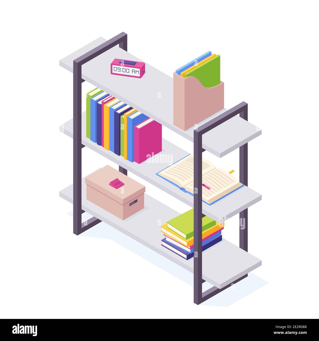 Books on shelf in isometric vector illustration. Stock Vector