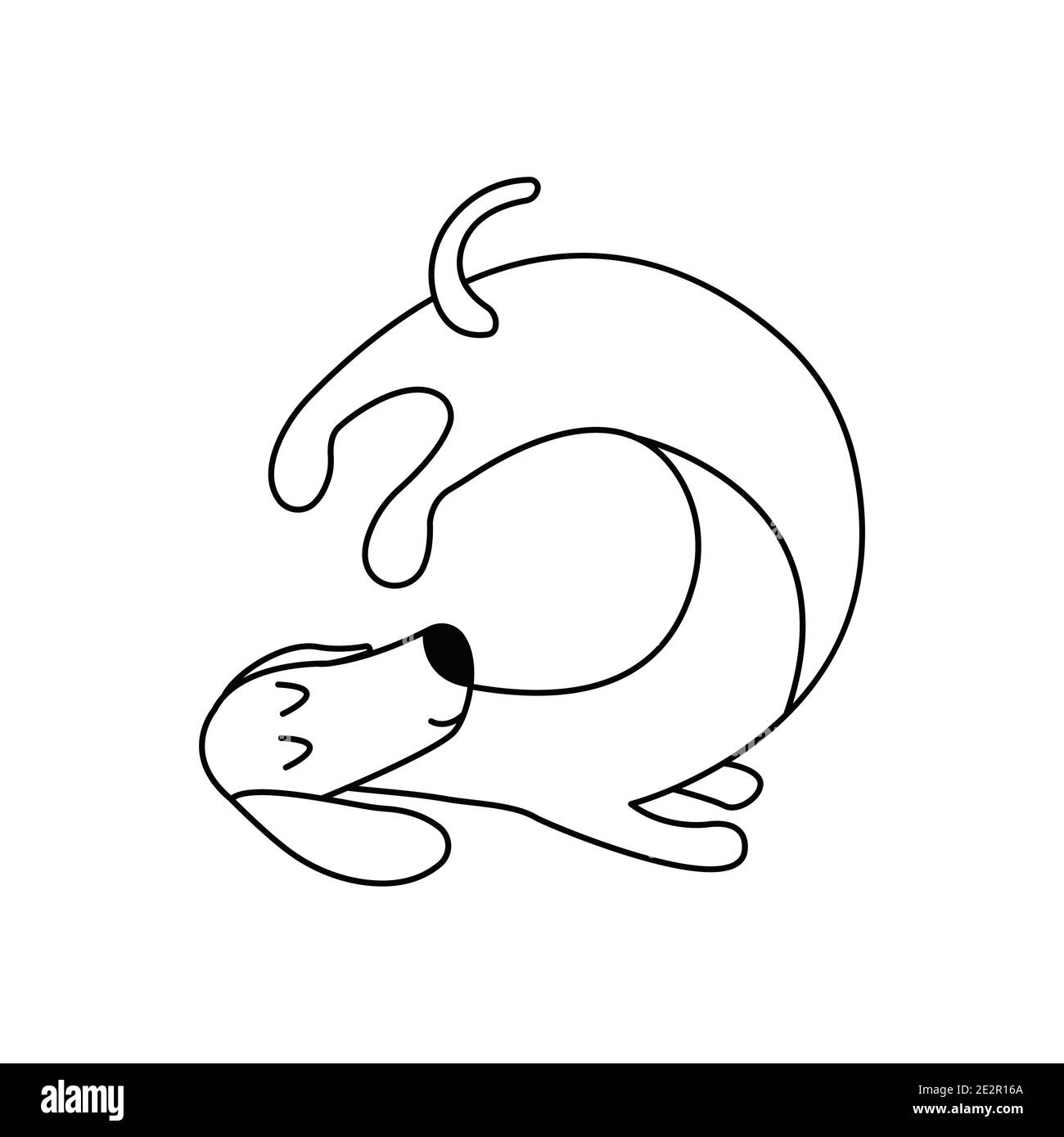 Dachshund practices yoga and meditates. Yoga dog, relaxation and sports. Vector isolated doodle illustration. Hand drawn animal black and white Stock Vector