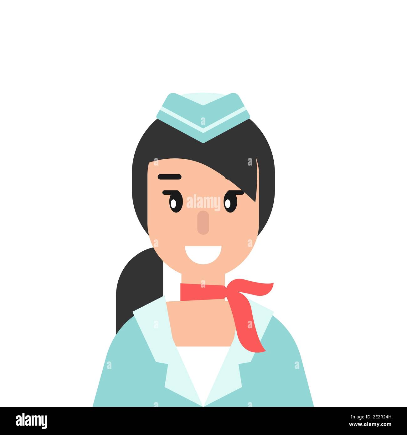 Happy female stewardess or flight attendant with red neckerchief. flat vector cartoon illustration isolated on white. Woman in aviation. Air hostess i Stock Vector