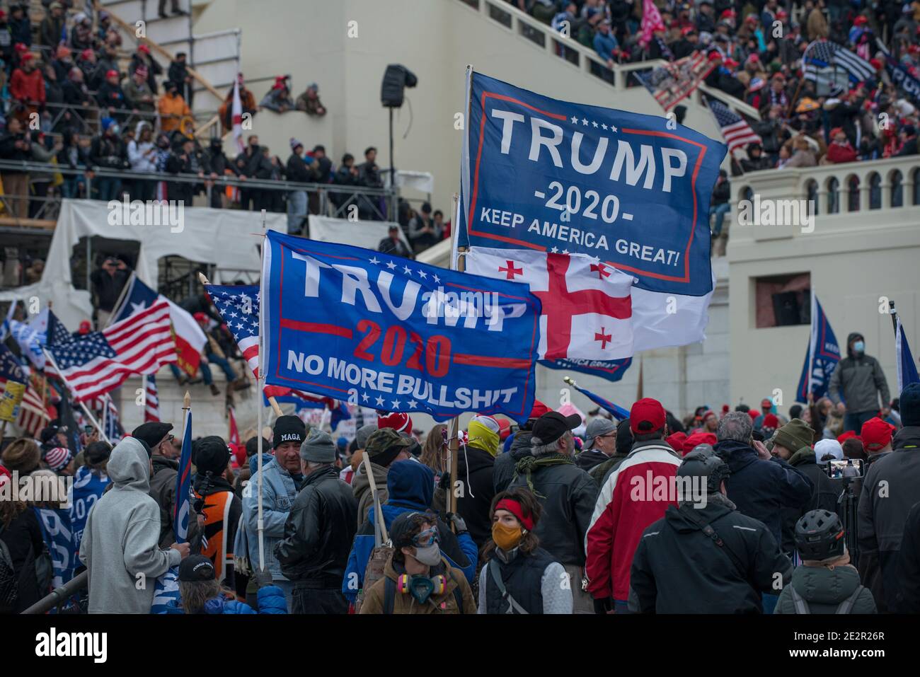 January 6th 2021. Large Crowds of Protesters at Capitol Hill with Donald Trump 2020 flags. US Capitol Building, Washington DC.USA Stock Photo