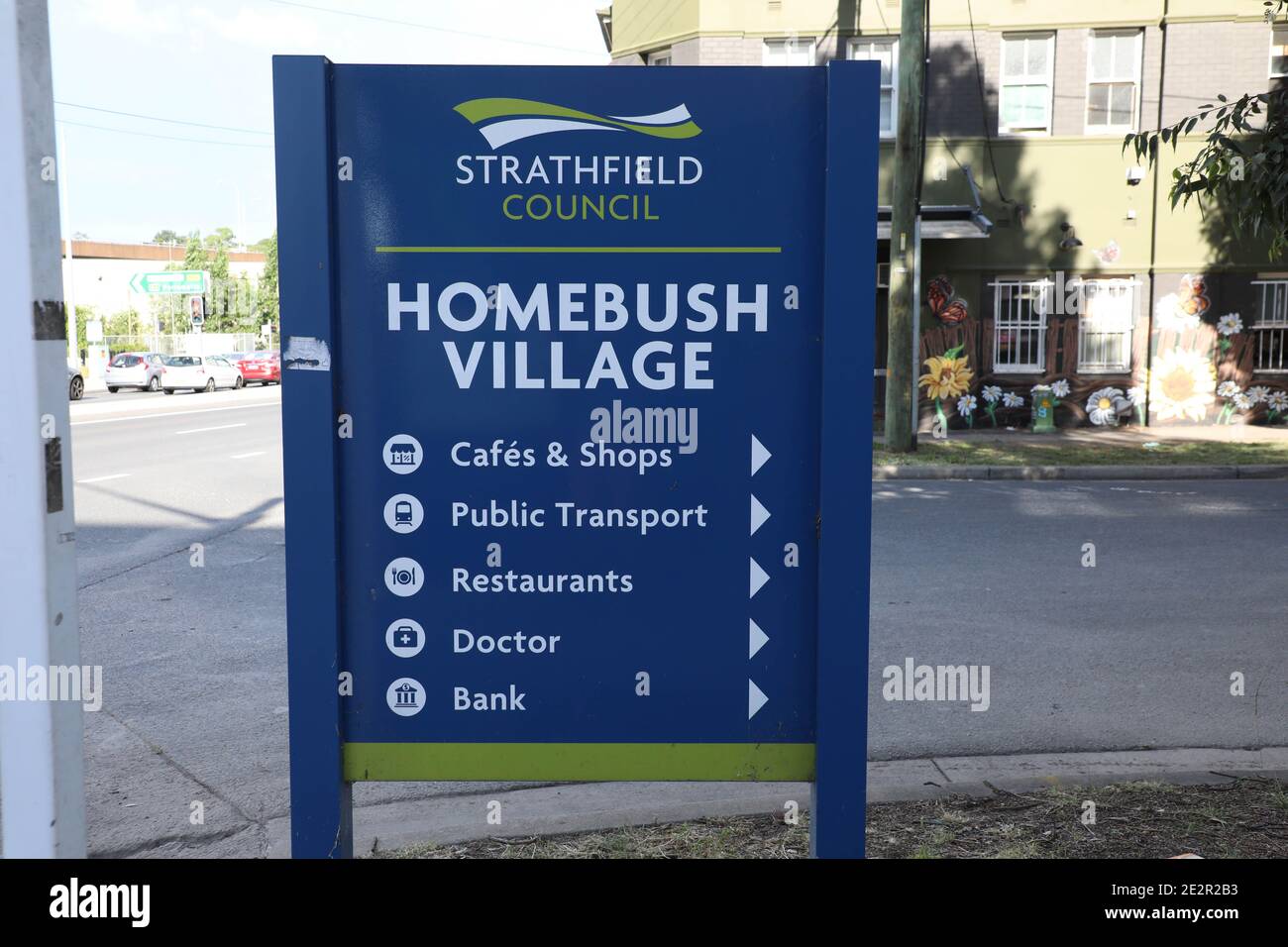Strathfield Council sign at the corner of Station Street and Parramatta Road, Homebush showing direction to Homebush Village. Stock Photo
