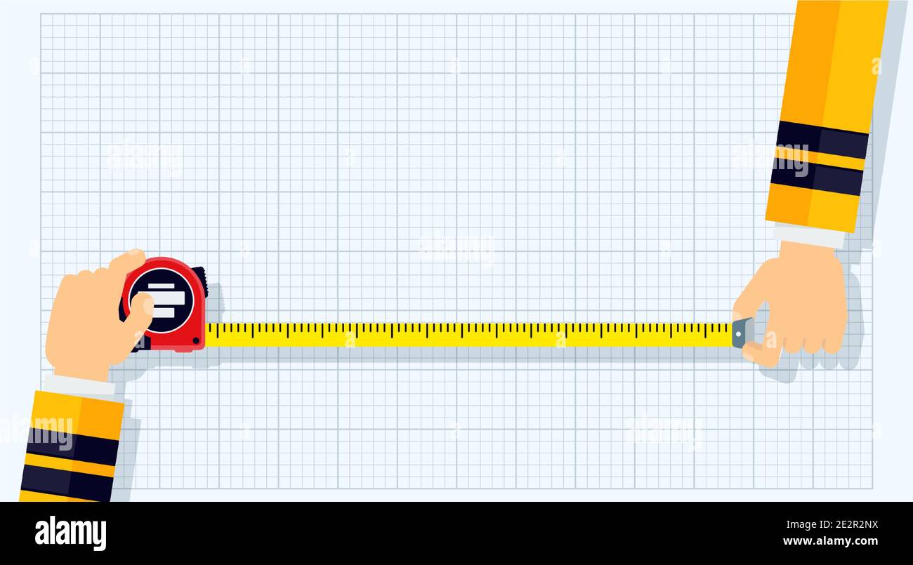 Measuring tape in the hands of a man. Template for a poster Stock