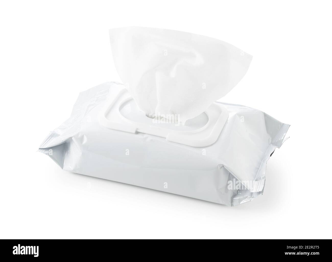 White plain wet wipes placed on a white background Stock Photo