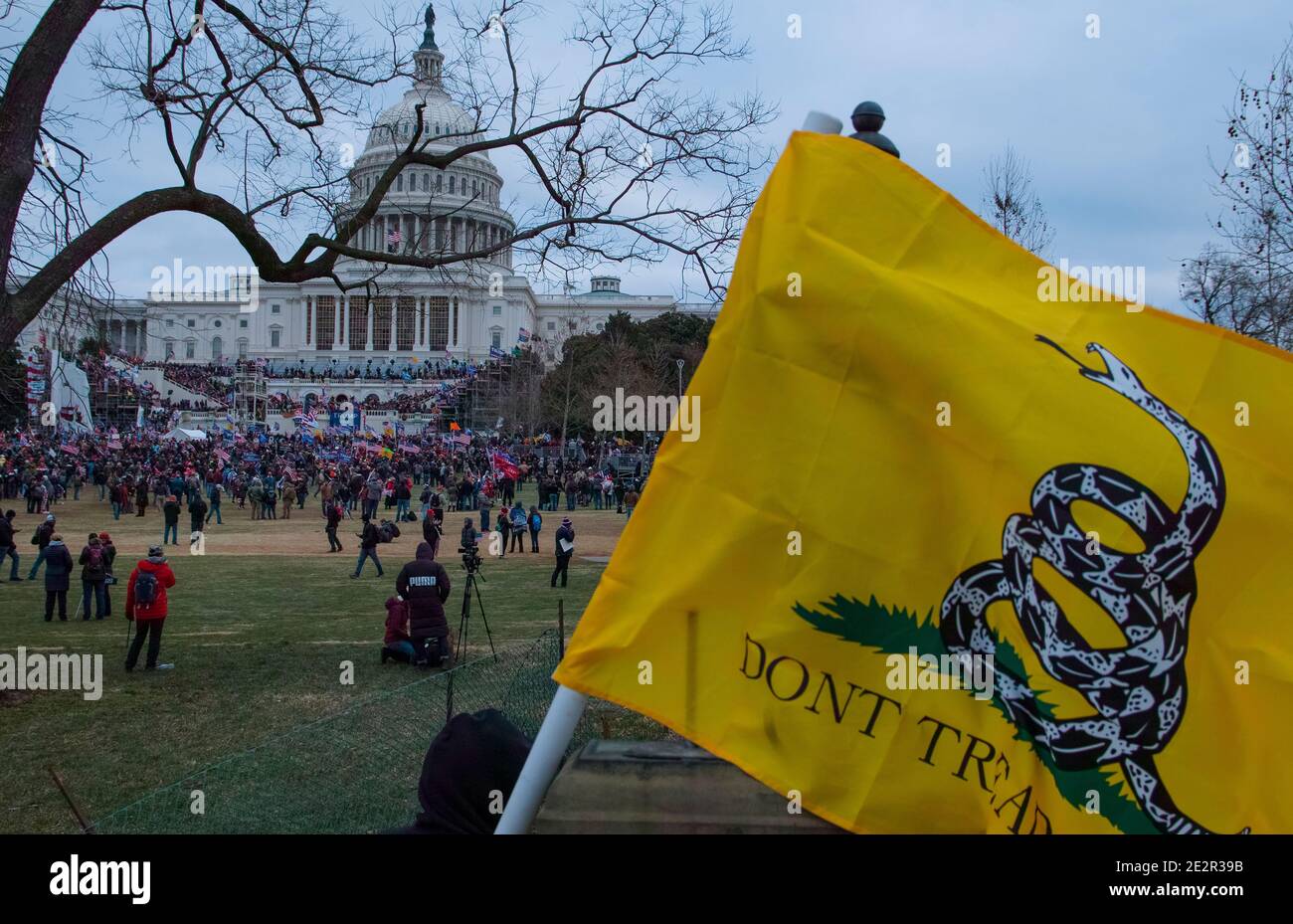 January 6th 2021. Don't Tread On Me Flag. Protesters at Capitol Hill supporting Donald Trump. US Capitol Building, Washington DC.USA Stock Photo