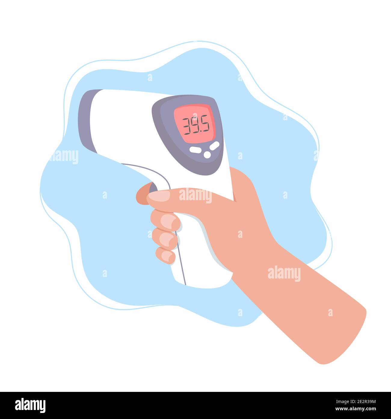 Hand holds an infrared thermometer to measure body temperature Stock