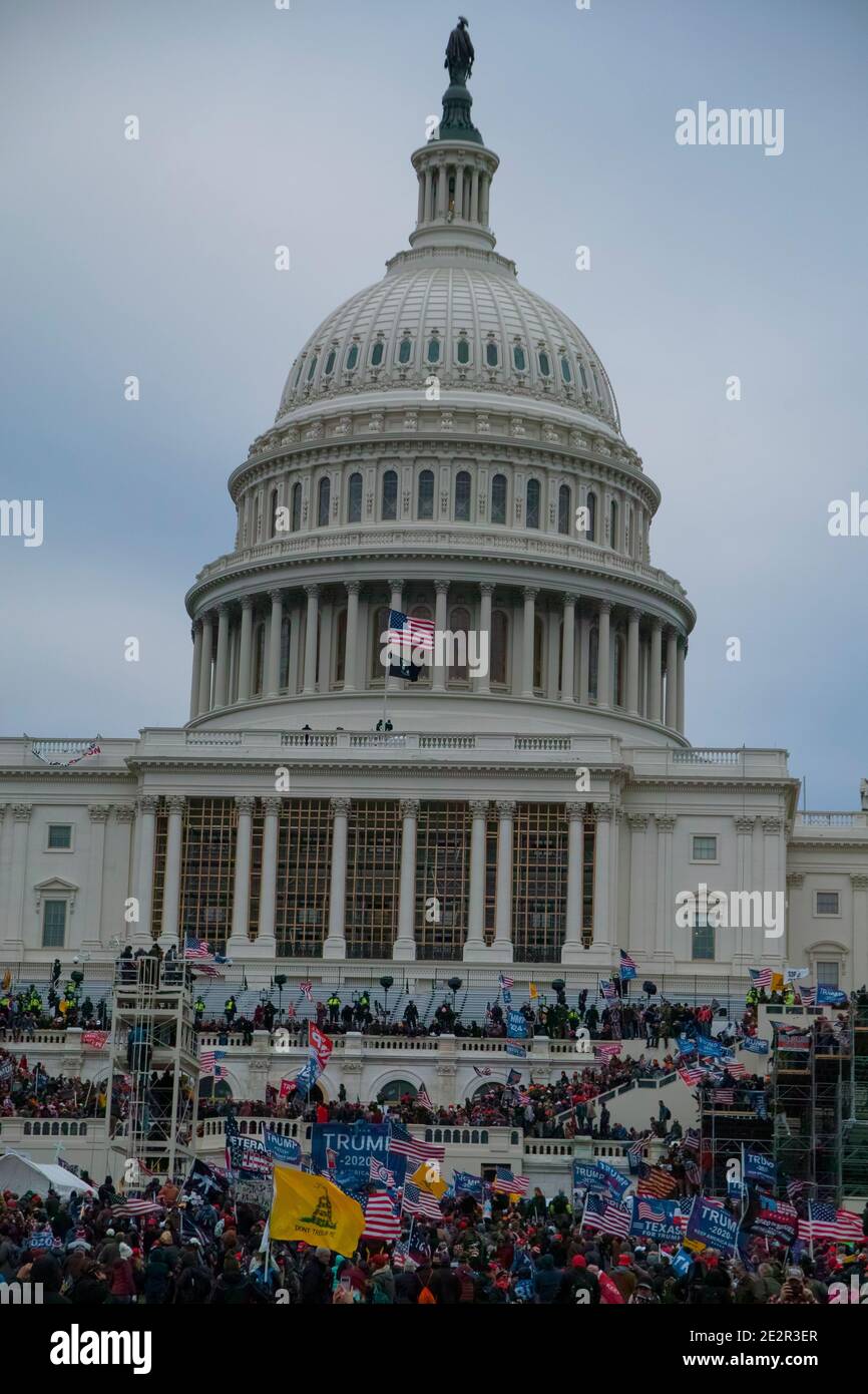 January 6th 2021. Large Crowds of Protesters at Capitol Hill with Donald Trump 2020 flags. US Capitol Building, Washington DC.USA Stock Photo