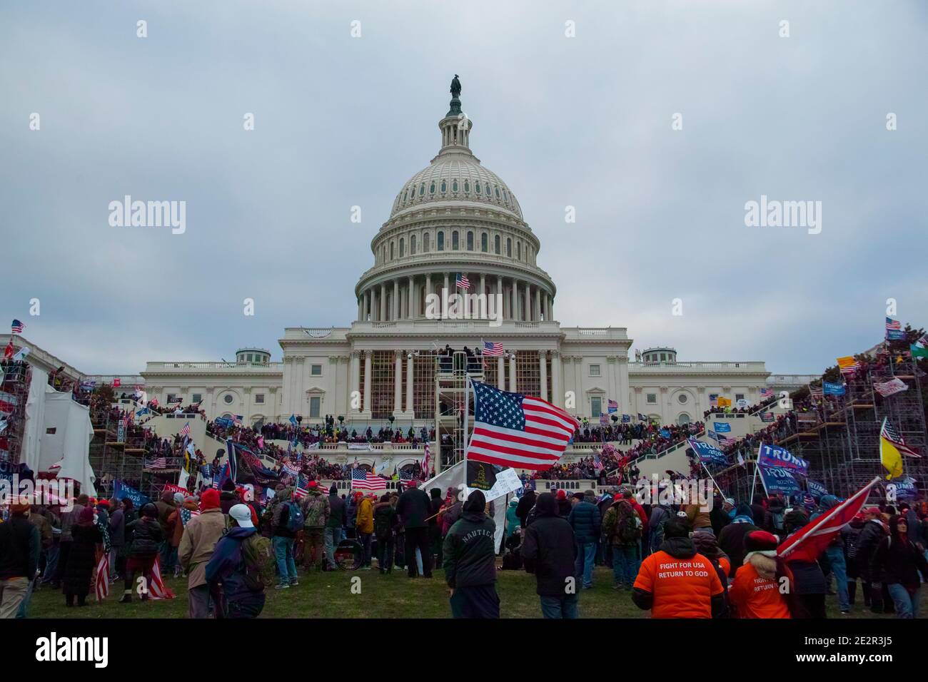 January 6th 2021. Large Crowds of Protesters at Capitol Hill with Donald Trump 2020 flags.Riot at US Capitol Building, Washington DC.USA Stock Photo