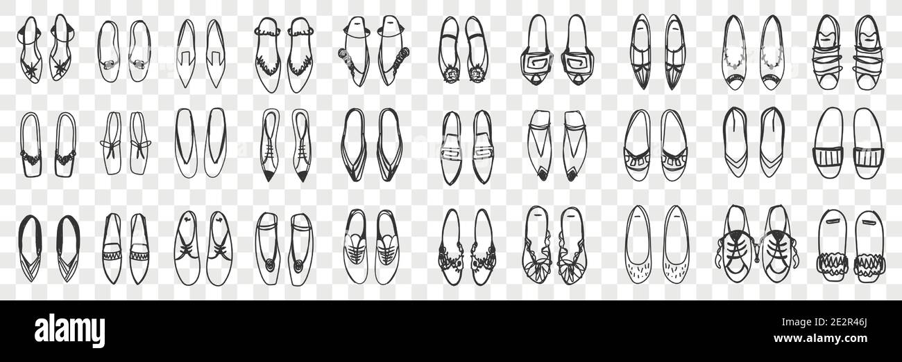 Pairs of feminine shoes doodle set. Collection of hand drawn stylish ...