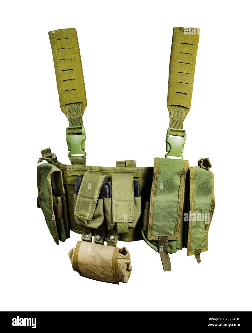 Isolated photo of a khaki colored military soldier pouch vest on white background. Stock Photo