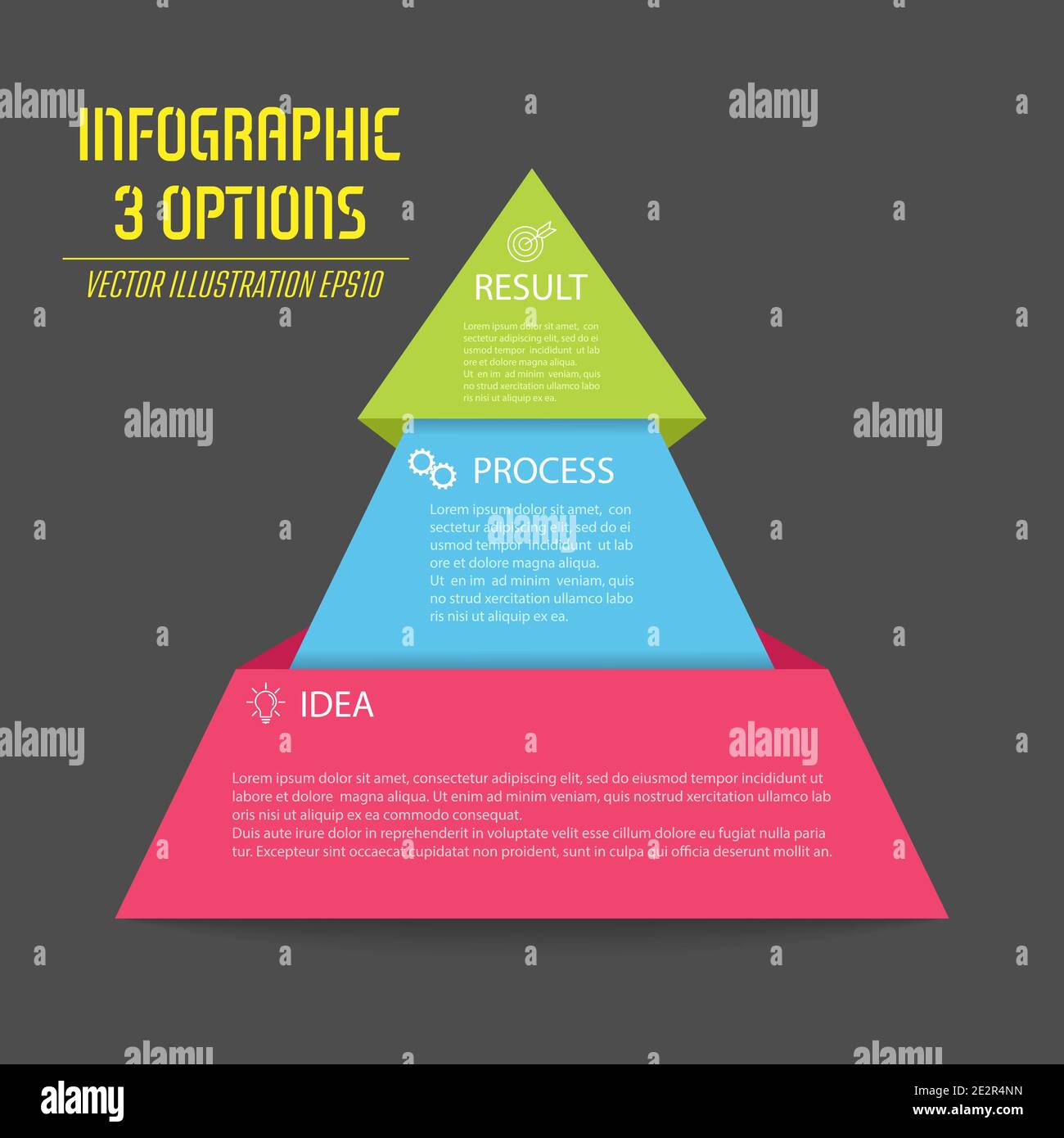 Infographic pyramid. The triangle diagram is divided into 3 parts. Business strategy, project