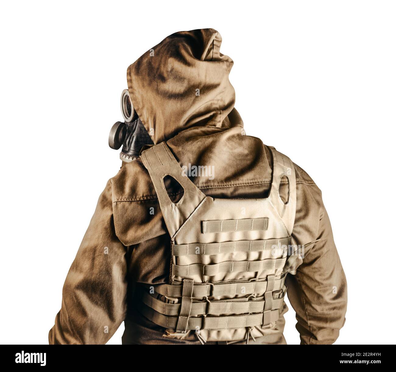 Isolated photo of a stalker in jacket, armored vest standing back view in  soviet gas mask with filter on white background Stock Photo - Alamy