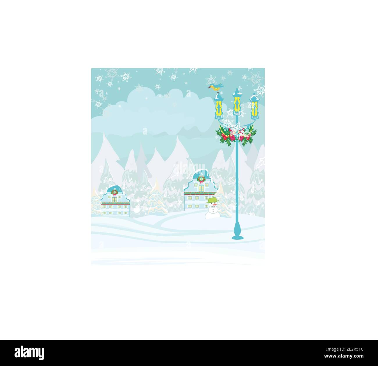 winter city landscape - illustration with bird, houses and snow Stock ...
