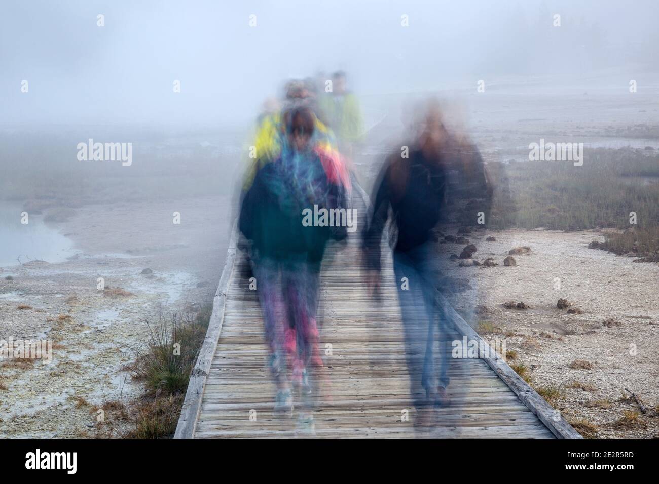 WY02818-00...WYOMING - Walkway at Noris Geyser Basin with blured people in Yellowstone National Park. Stock Photo