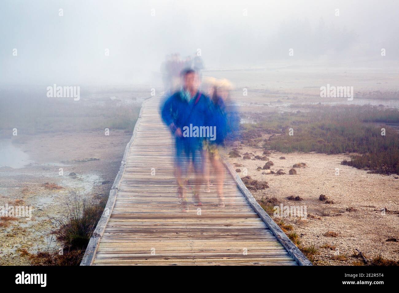 WY02821-00...WYOMING - Walkway at Noris Geyser Basin with blured people in Yellowstone National Park. Stock Photo
