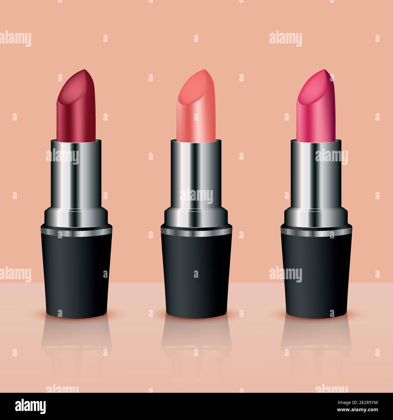 Vector drawing. Realistic set of lipsticks on a beige background Stock