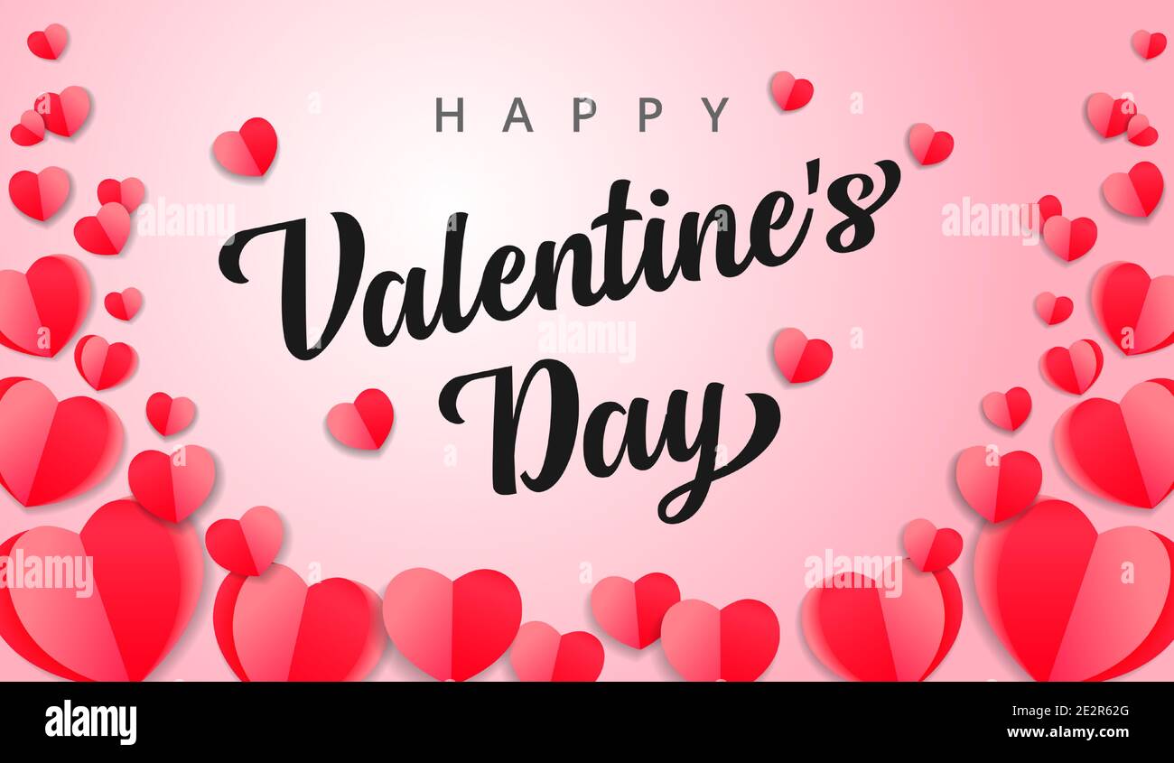 Happy Valentines Day greeting card with paper pink flying hearts ...