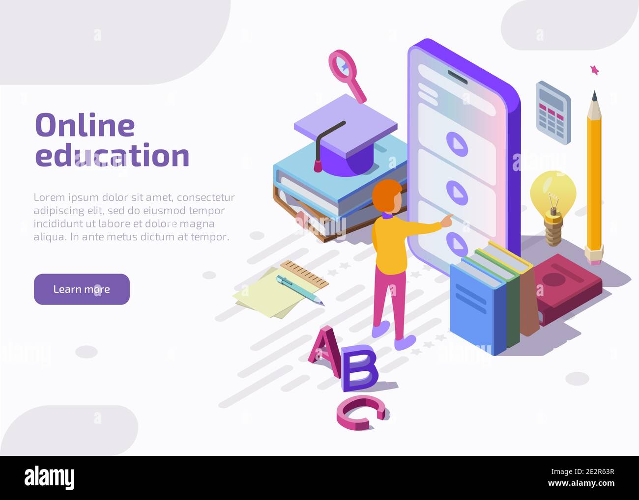 Online education isometric landing page, web banner. Student learning distant video tutorials via website or application at huge screen of smartphone. Lesson in internet school, university or college. Stock Vector