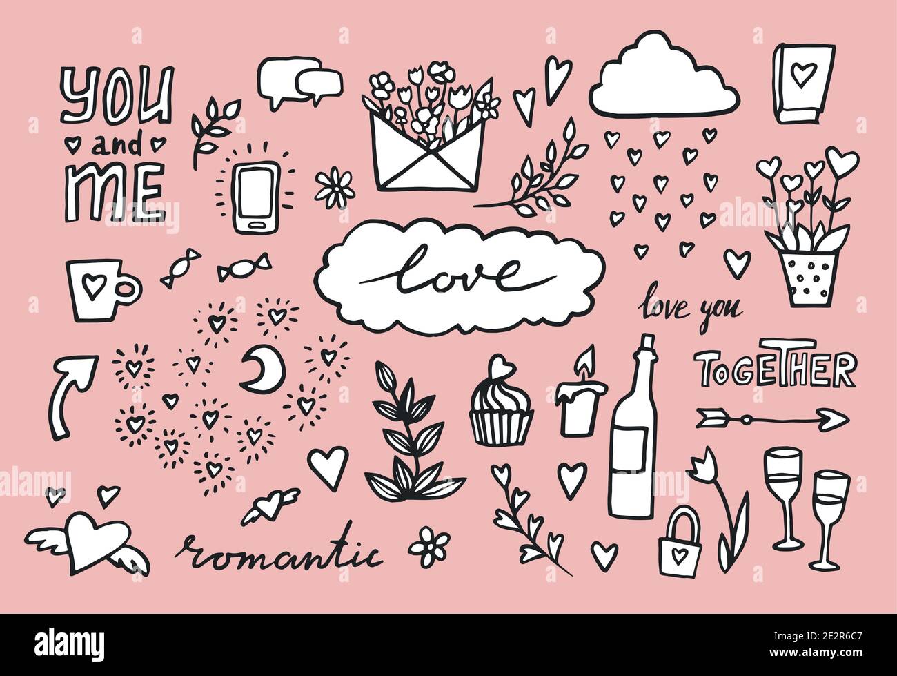 hand drawn romantic set of design elements. Vector illustration. doodle ...