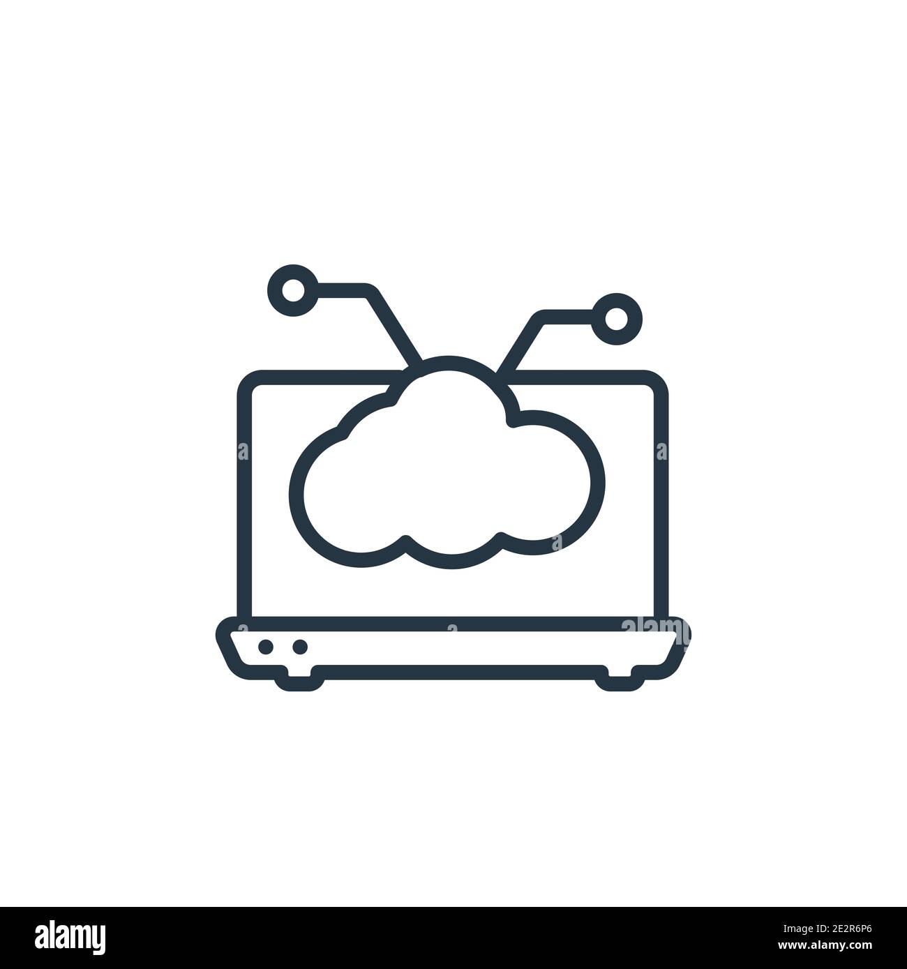 Laptop with cloud data symbol on screen outline vector icon. Thin line ...