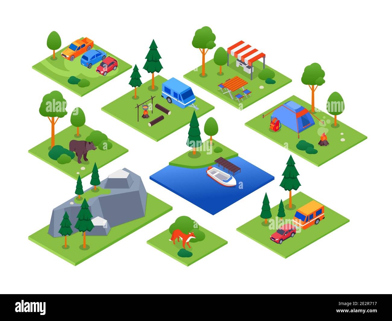 Camping and tourism - set of vector colorful isometric elements ...
