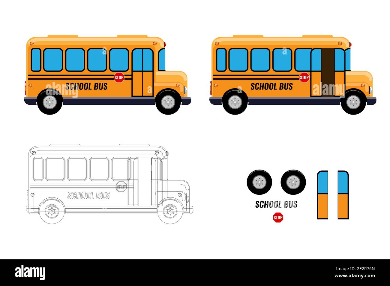School Bus with separate elements doors open and close for your animation design. Flat and solid vector illustration. Stock Vector