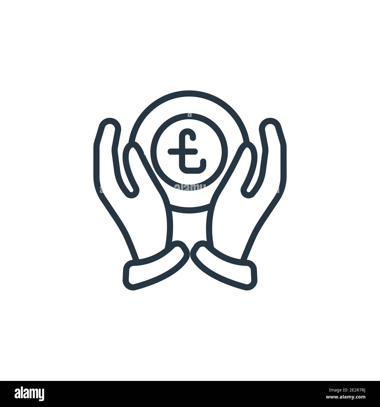 Pound coin on hands outline vector icon. Thin line black pound coin on hands icon, flat vector simple element illustration from editable business conc Stock Vector