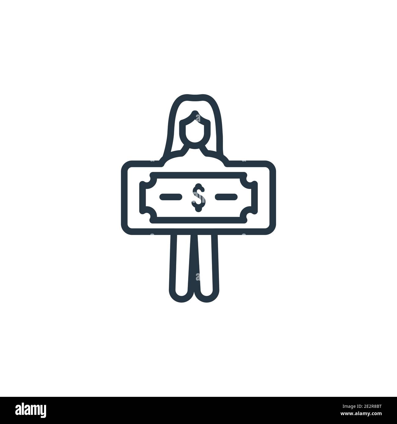 Woman with dollar bill outline vector icon. Thin line black woman with ...