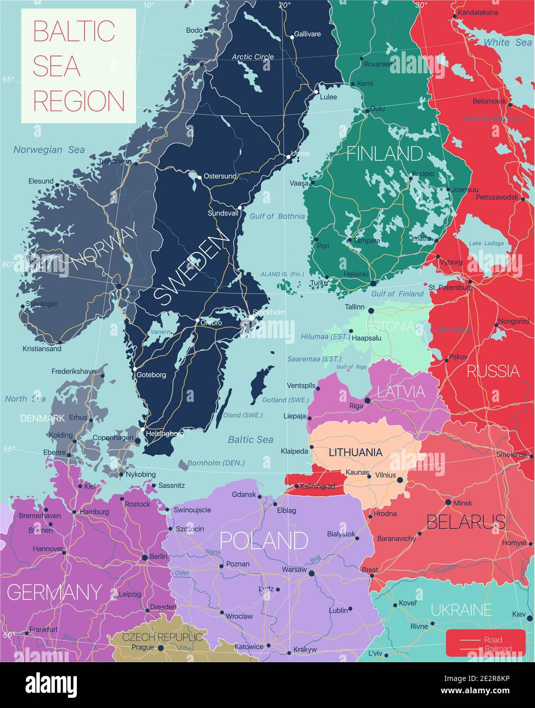 Baltic region detailed editable map with cities and towns, roads and railways. Vector EPS-10 file Stock Vector