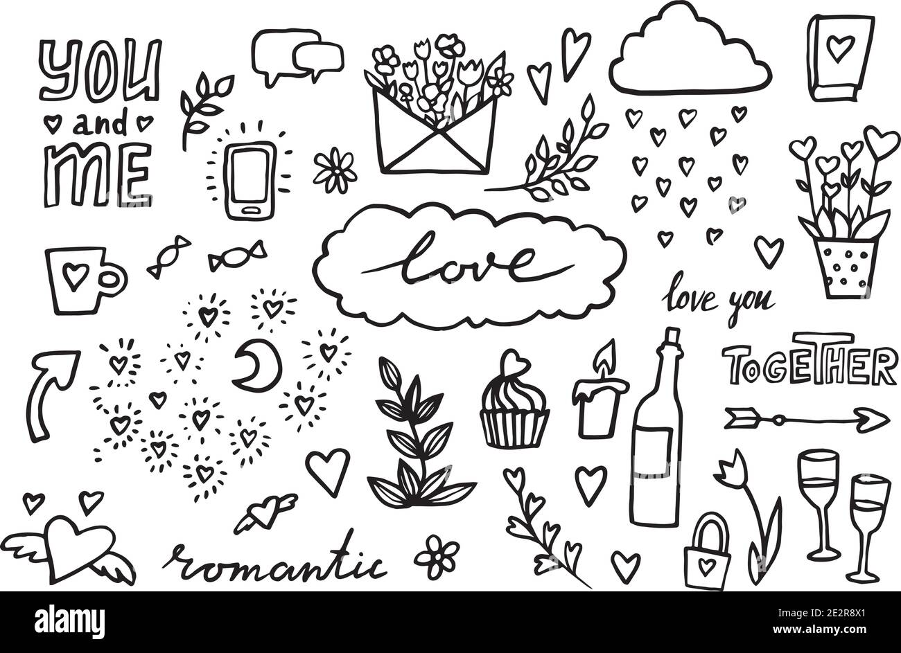 hand drawn romantic set of design elements. Vector illustration. doodle ...